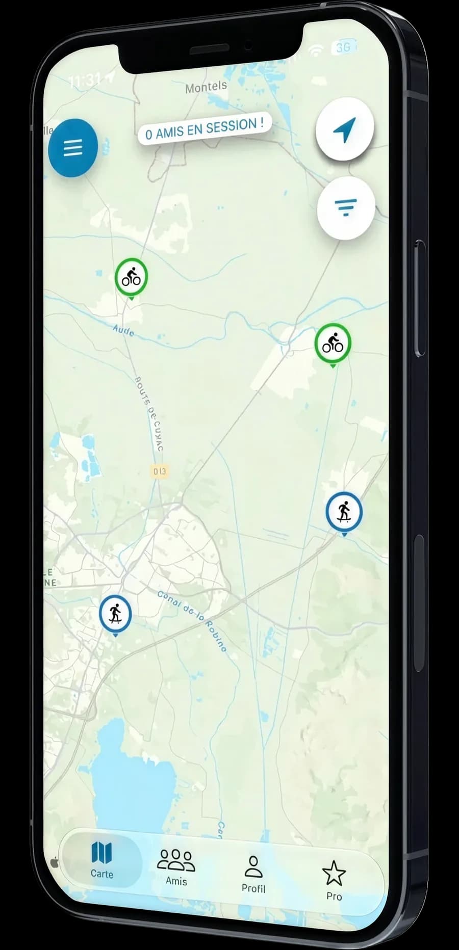 Écran carte de l'app RidersMap