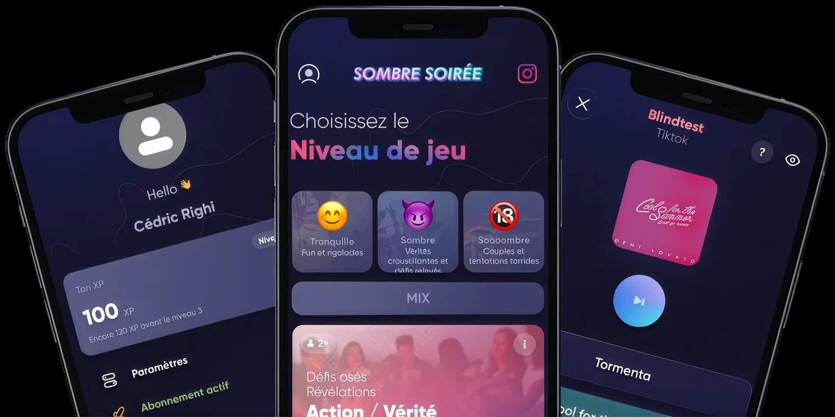 Trois écrans de l'app Sombre soirée : profil joueur, choix du niveau de jeu et blindtest.